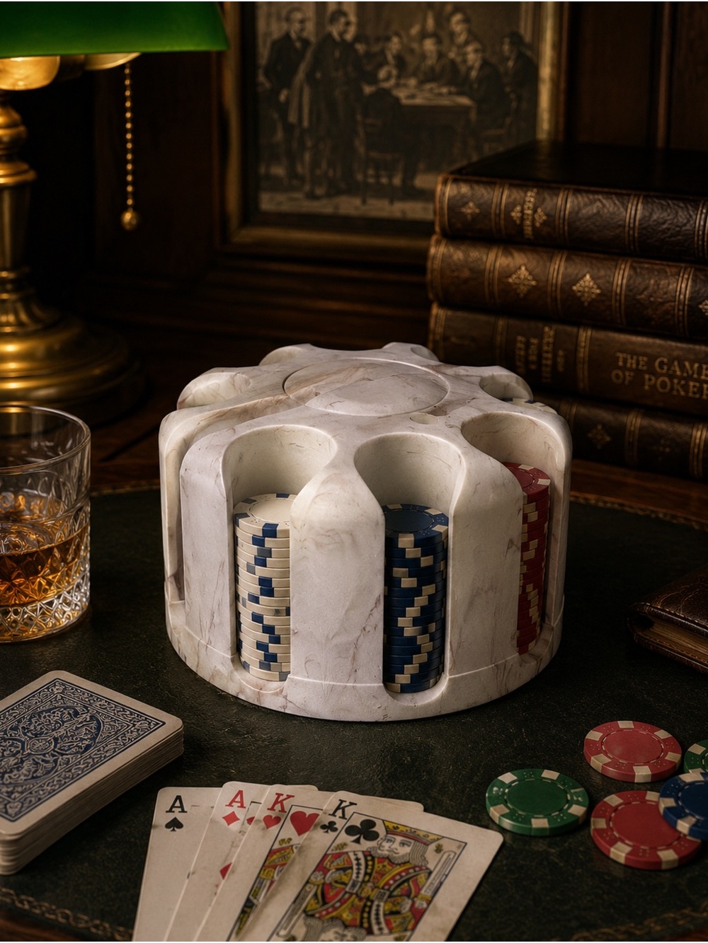 Marble-Effect White Poker Chip Tower for Card Games